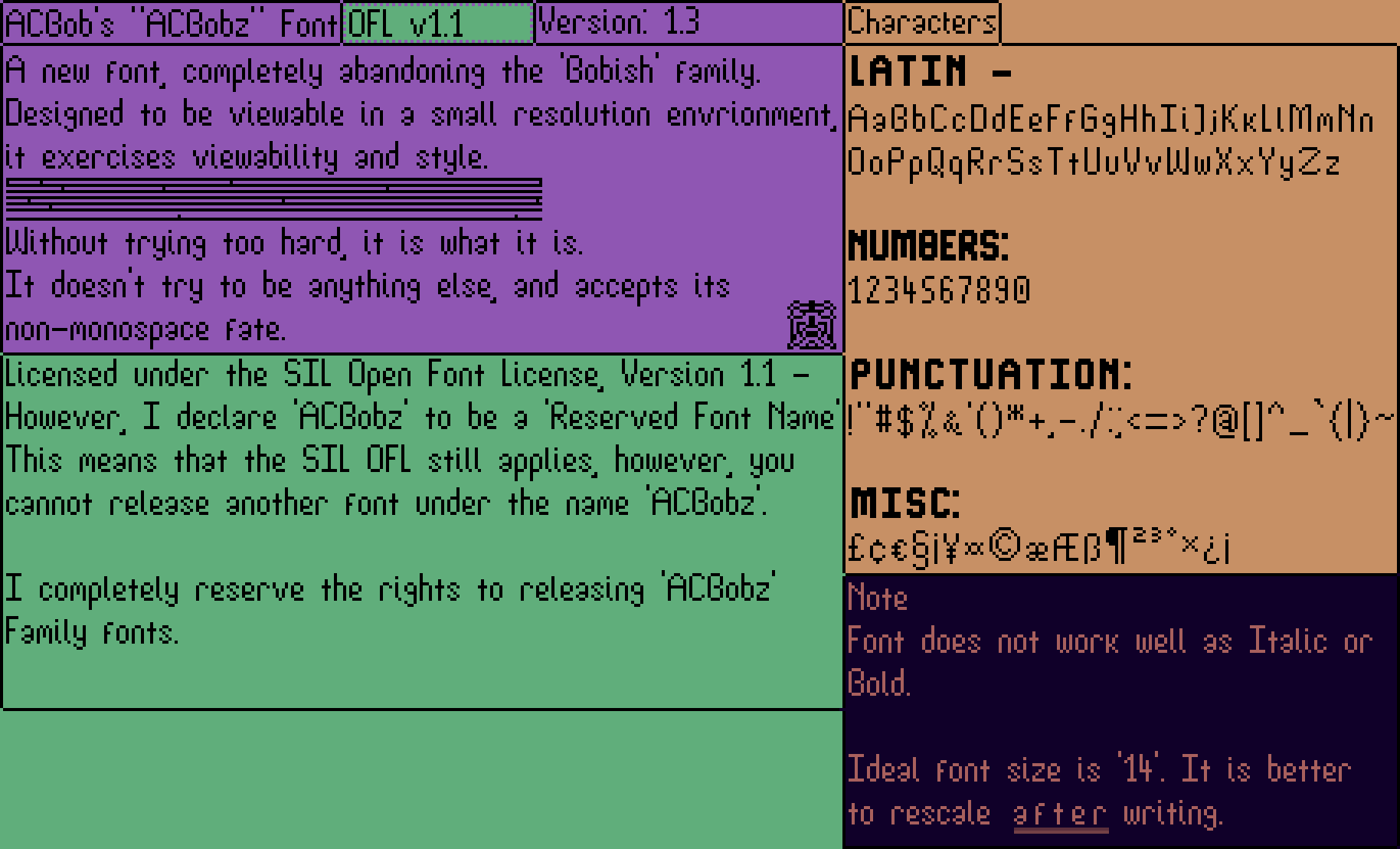 Font specimens, showing off the ACBobz font.