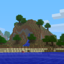 Minecraft's pack.png, it is a screenshot of a small cliffed hill by a lake.