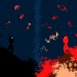 Two figures, one red and one black sit staring at a wall as their worlds are torn apart.